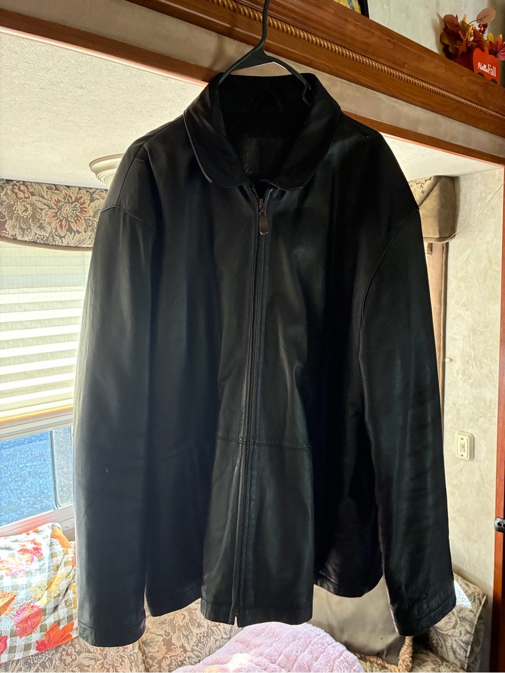 Men's Black Leather Bomber Jacket with Zip Front